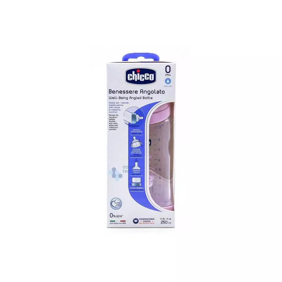 Chicco Angled Bottle Pink For New Born Baby 0M+ 250Ml Chicco Angled Bottle Pink For New Born Baby 0M+ 250Ml