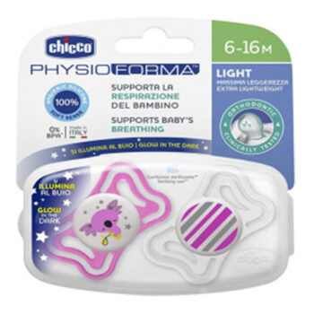 Chicco Soother Glow In The Dark Pink 6-16M, 2 Pieces